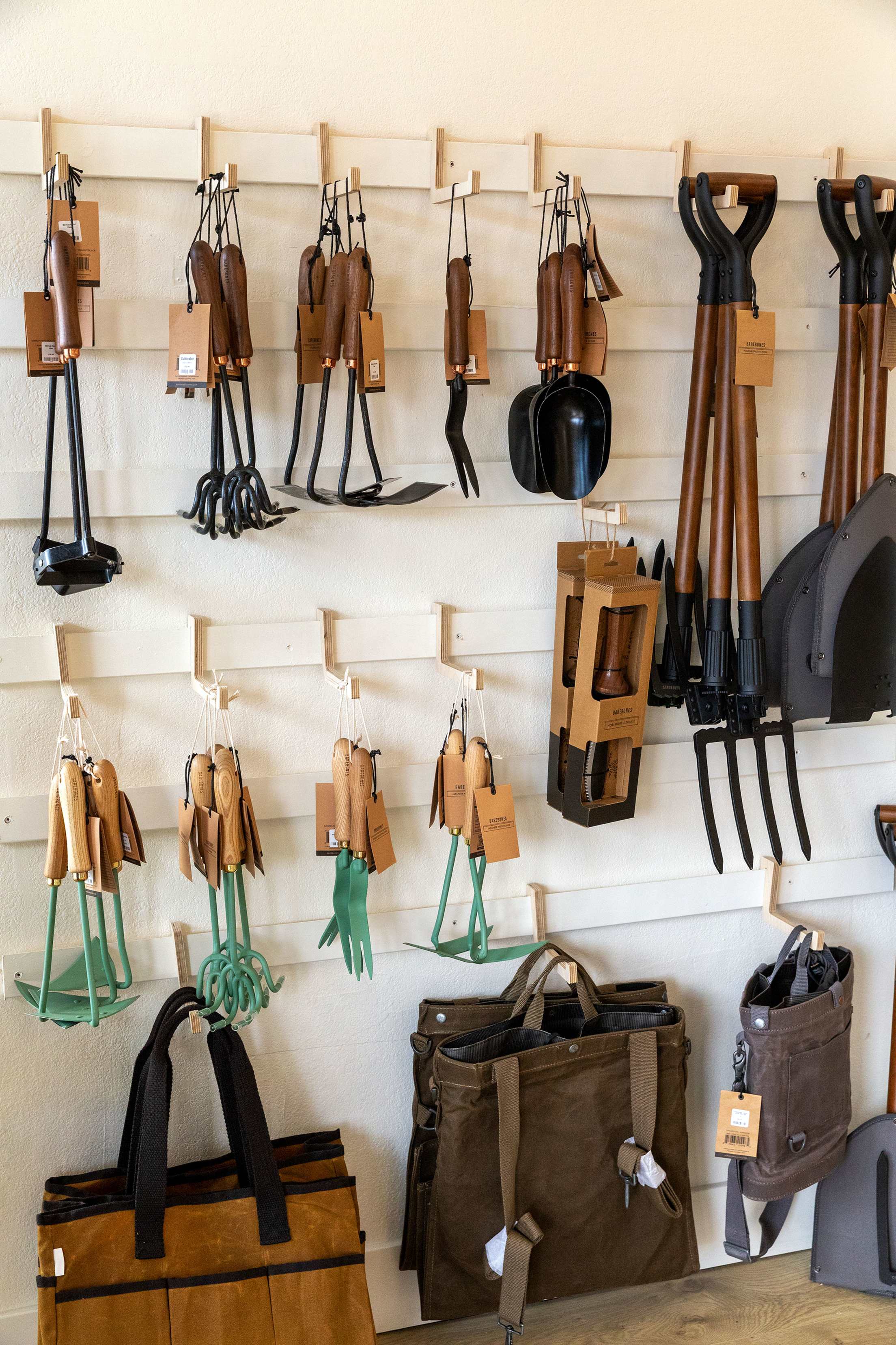 Gardening tools hung up on the wall at Gather in Sebastopol, California.