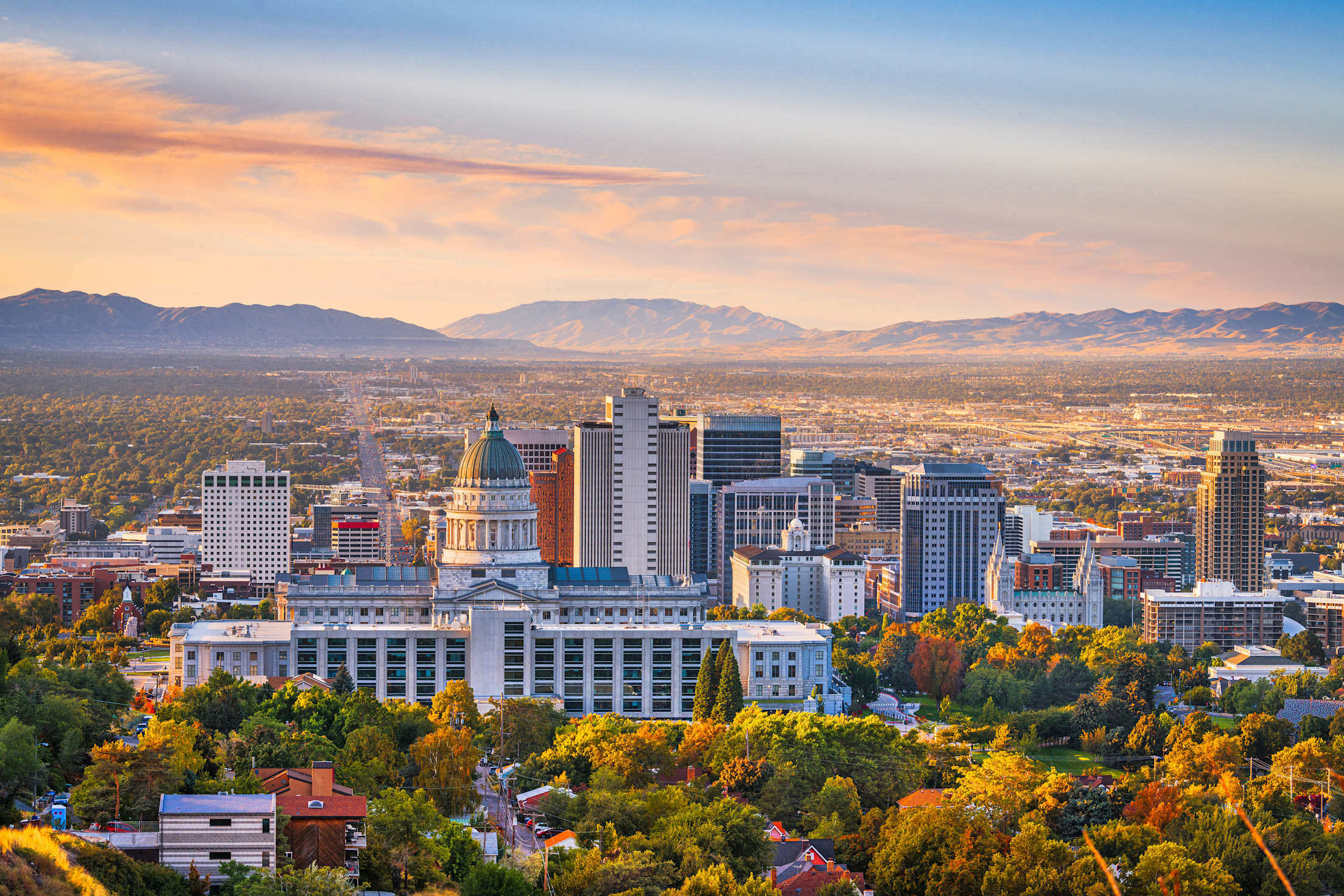 Downtown Salt Lake City, Utah, at sunset.