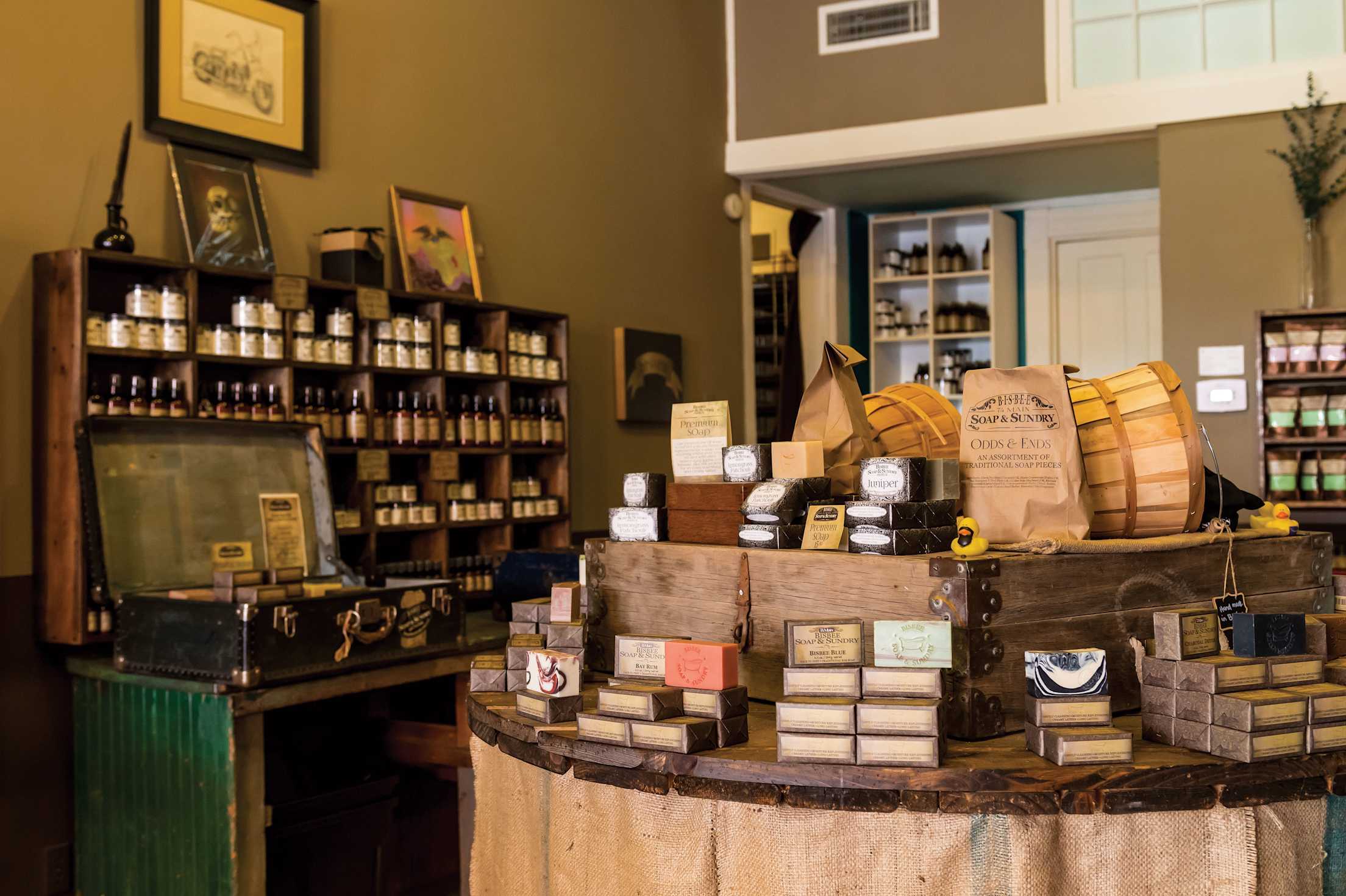 Soaps and other goods on display at Bisbee Soap & Sundry in Bisbee, Arizona.