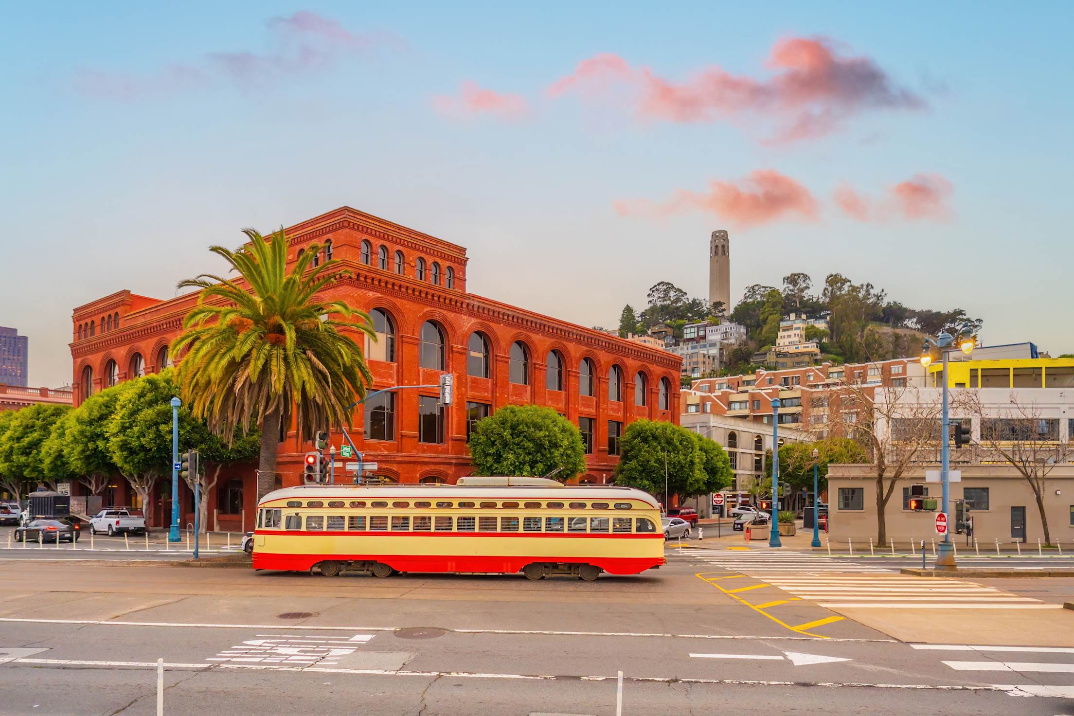 A vintage streetcar on the Embarcadero in San Francisco, California.