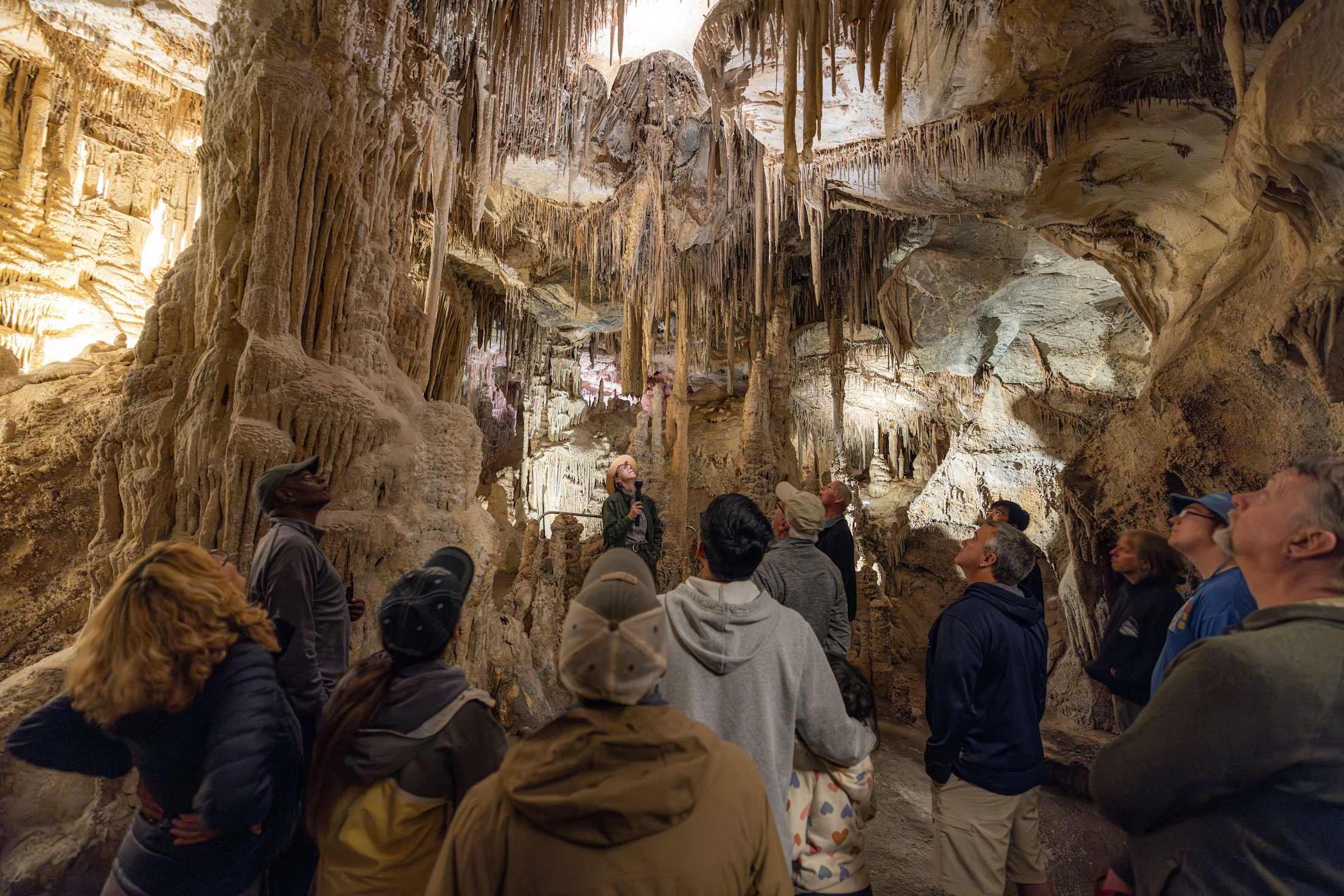 a group of people look up at formations inside a cavern while a guide talks
