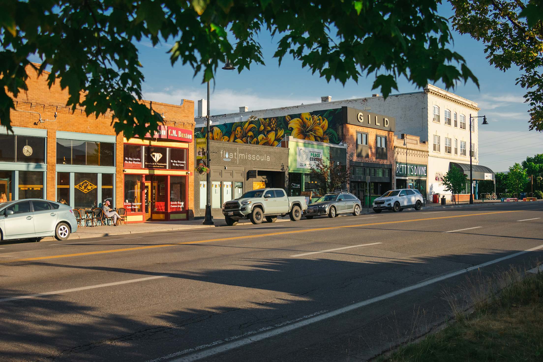 a shopping district in a scenic mountain town, Missoula, Montana