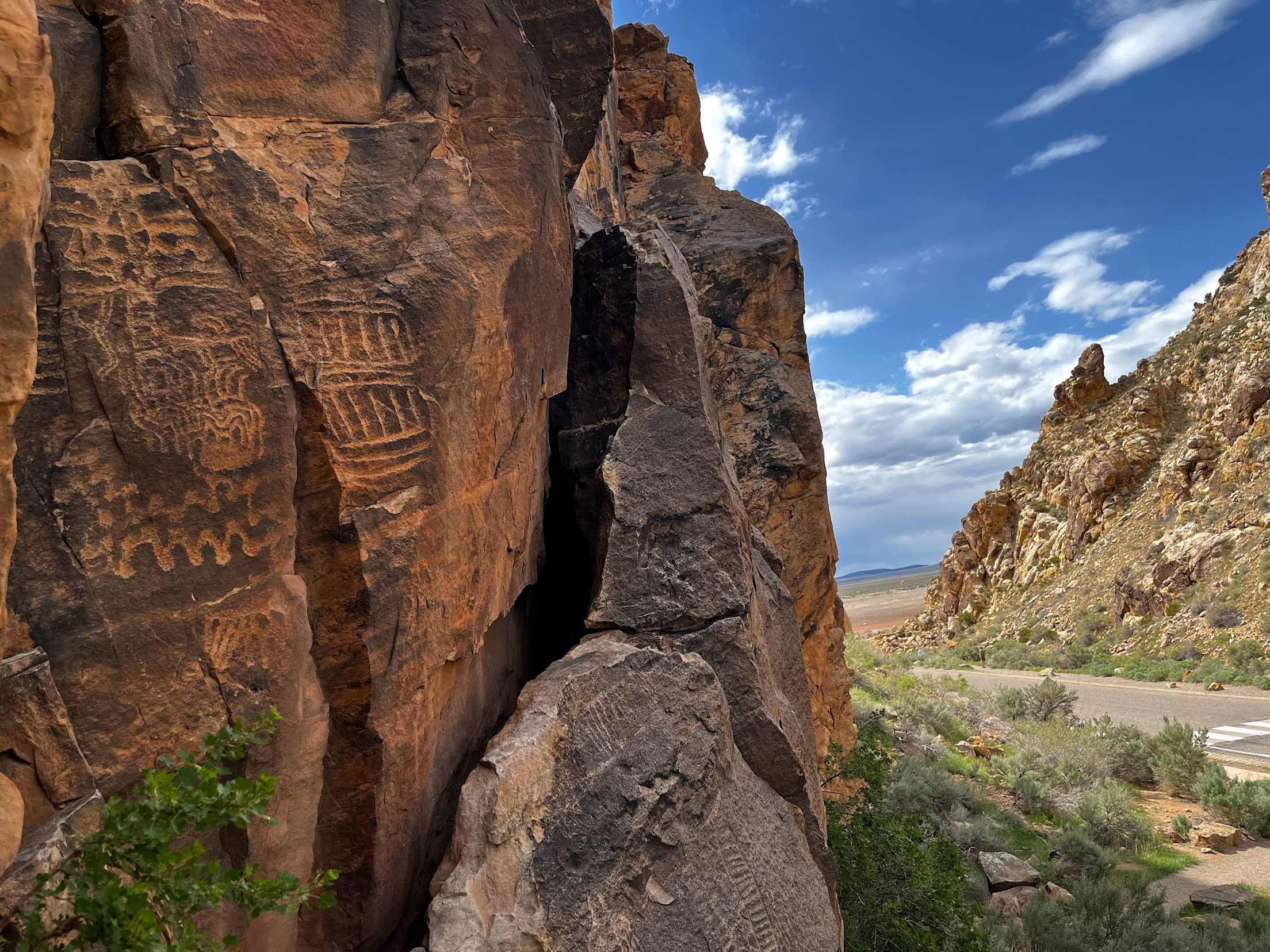 Fremont petroglyphs on the sides of the cliffs of Parowan Gap created by prehistoric Fremont people.