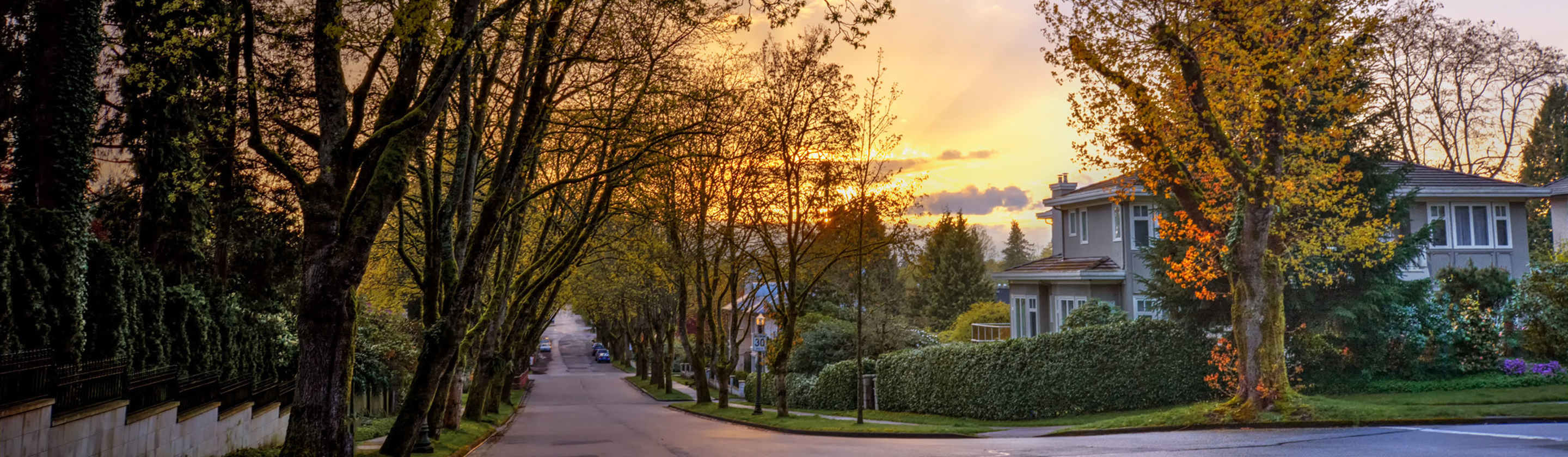 Neighborhood in the fall at sunset