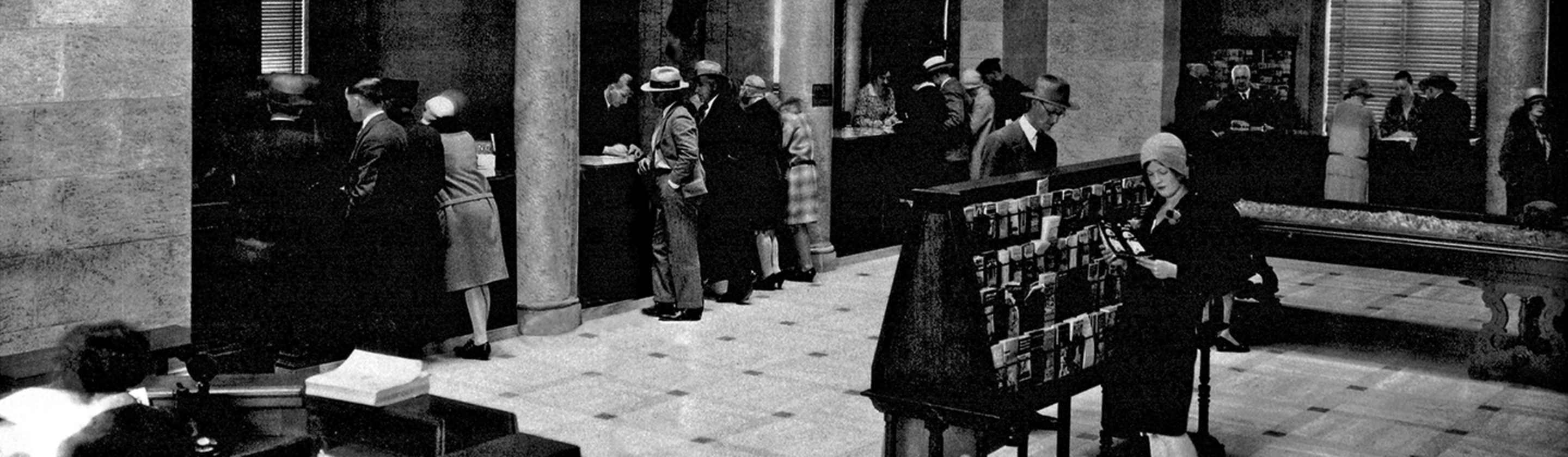 Historical AAA members in the lobby of the old AAA office in San Francisco.