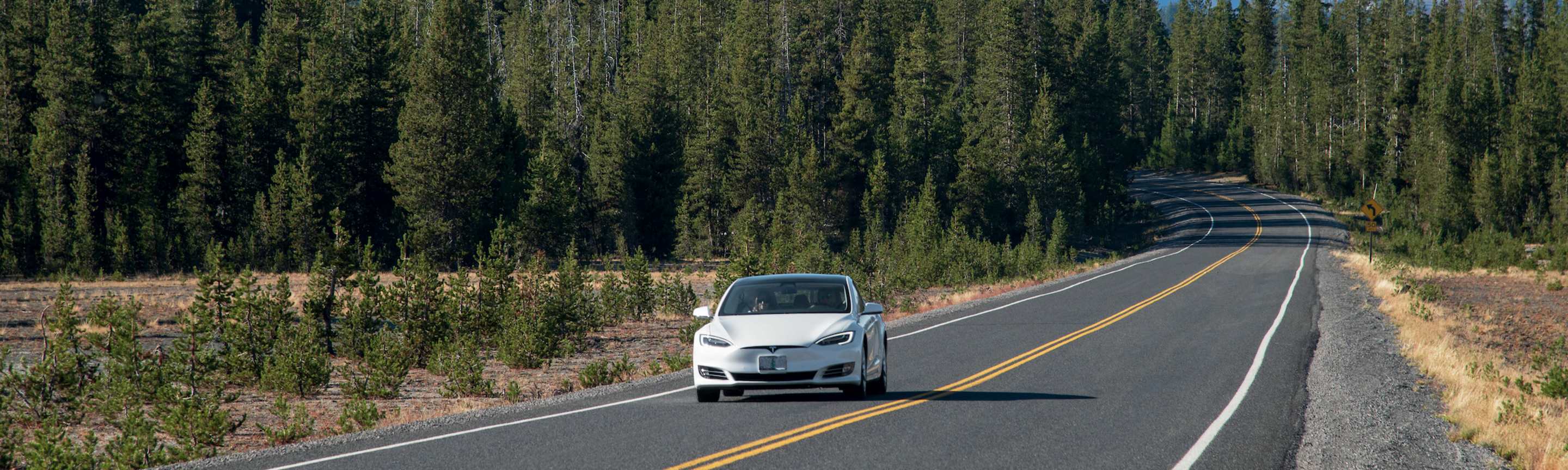 A Tesla on the highway outside of Shasta, California.