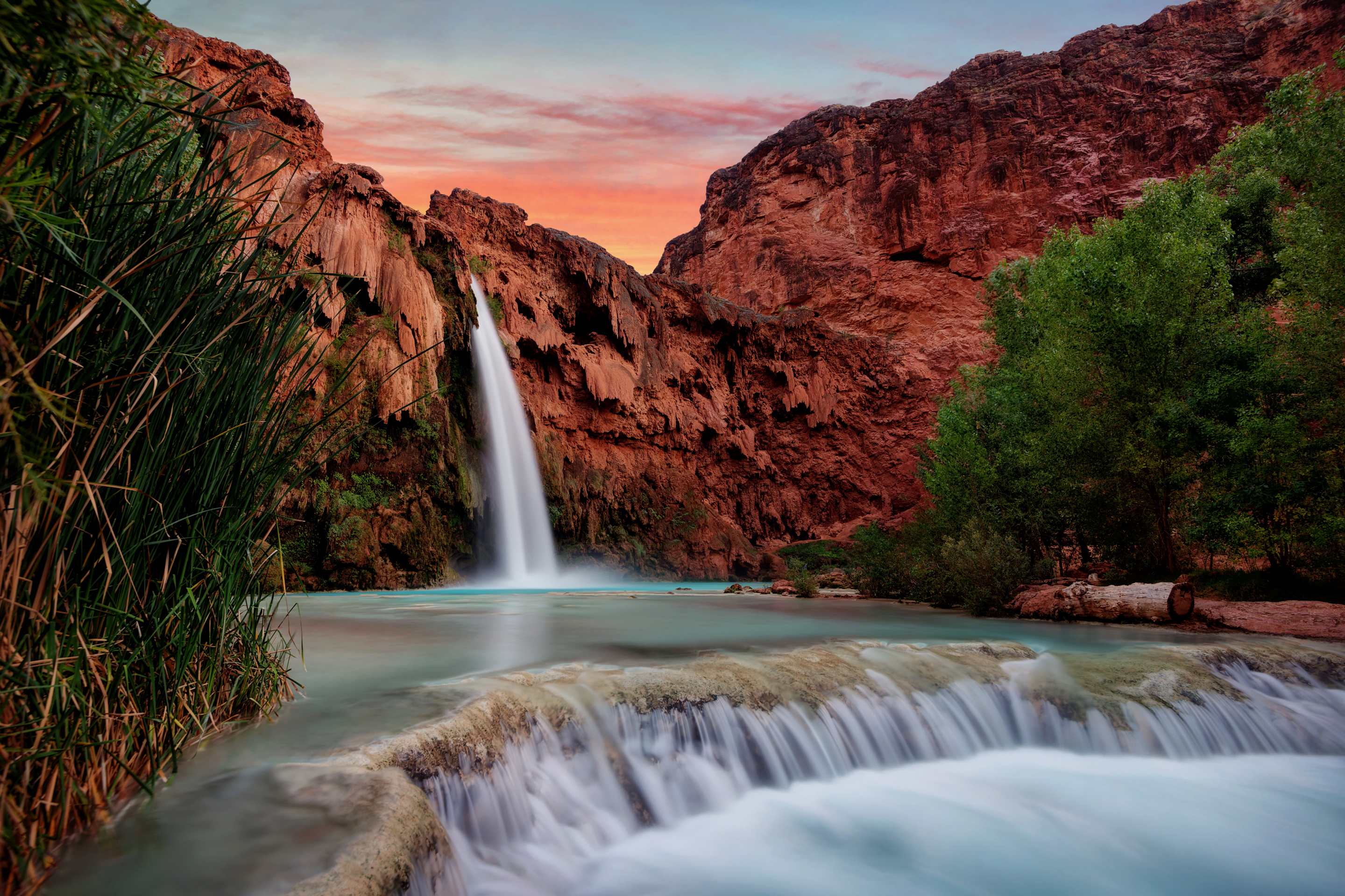 Colorful Havasu Falls at sunset.