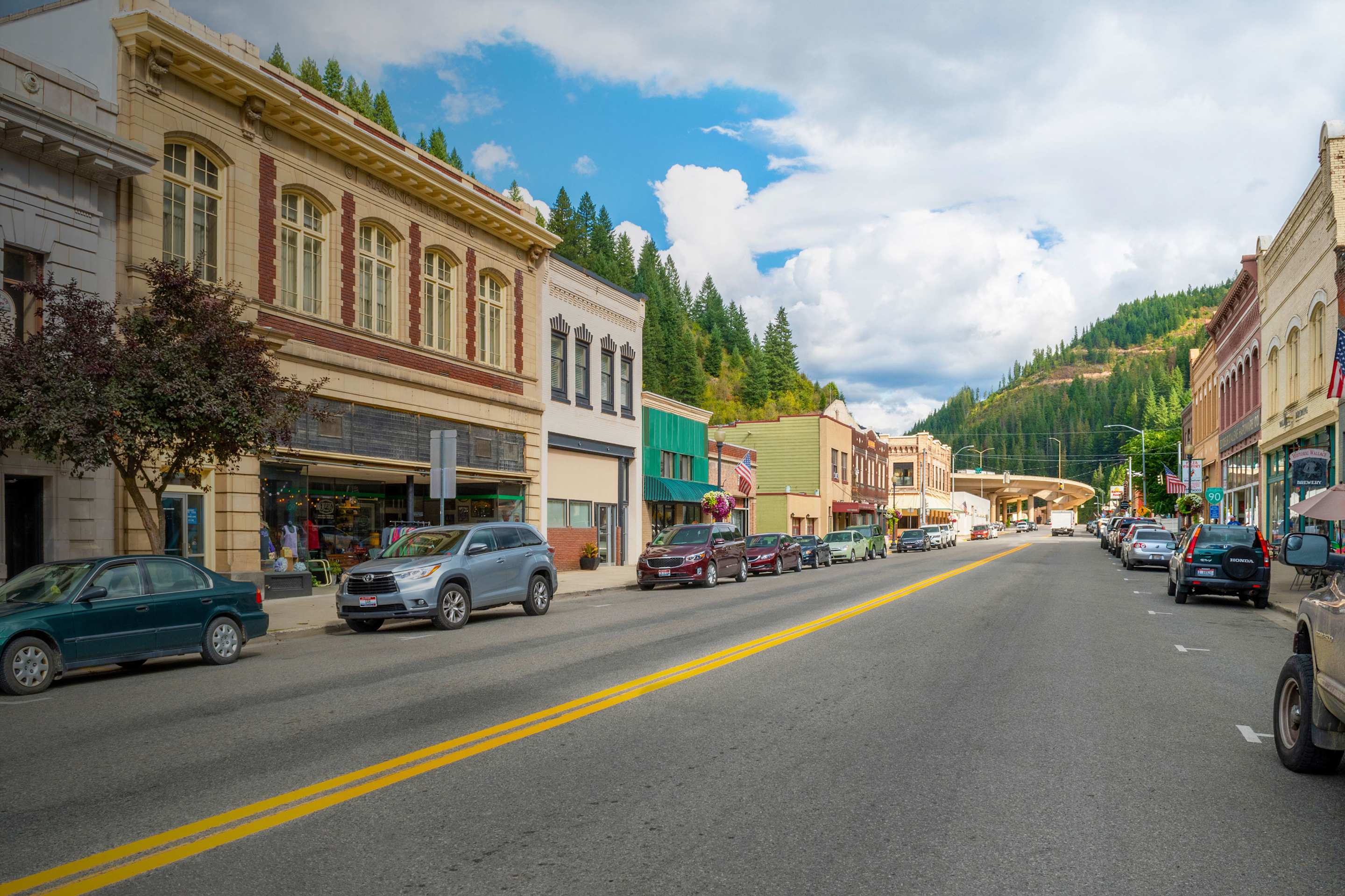 Downtown Wallace, Idaho on a party cloudy day.