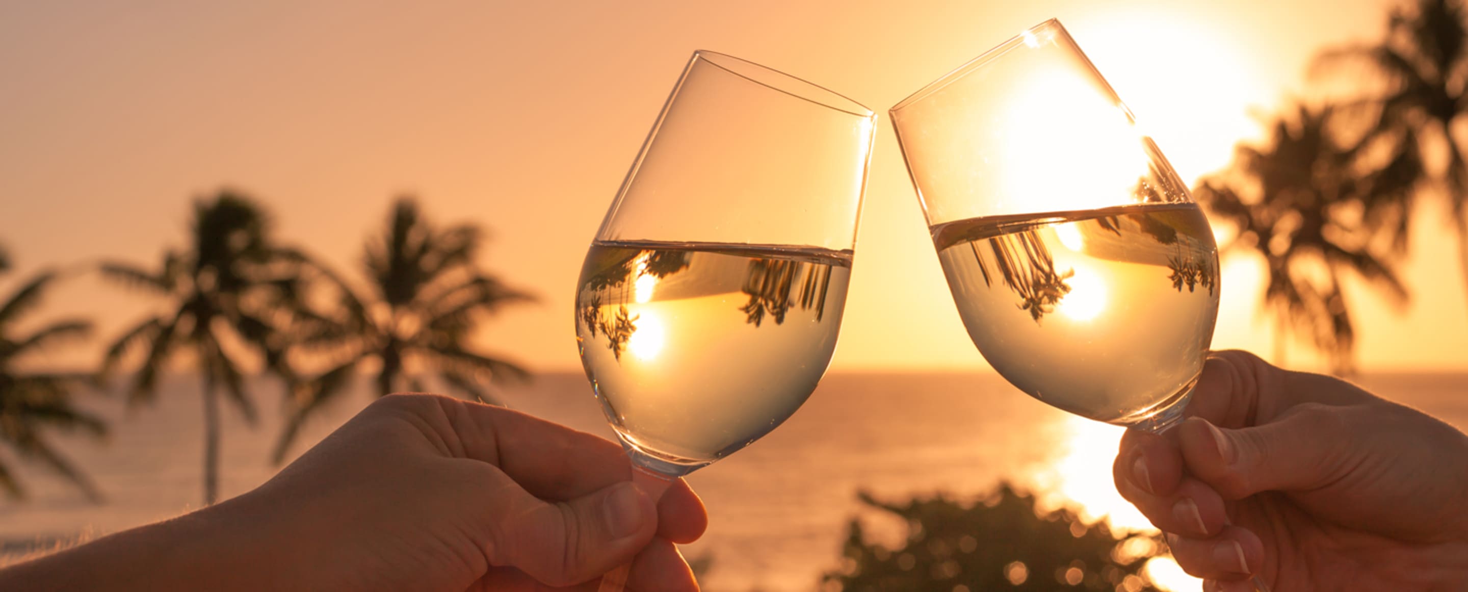 couple toasting wine glasses on a beach