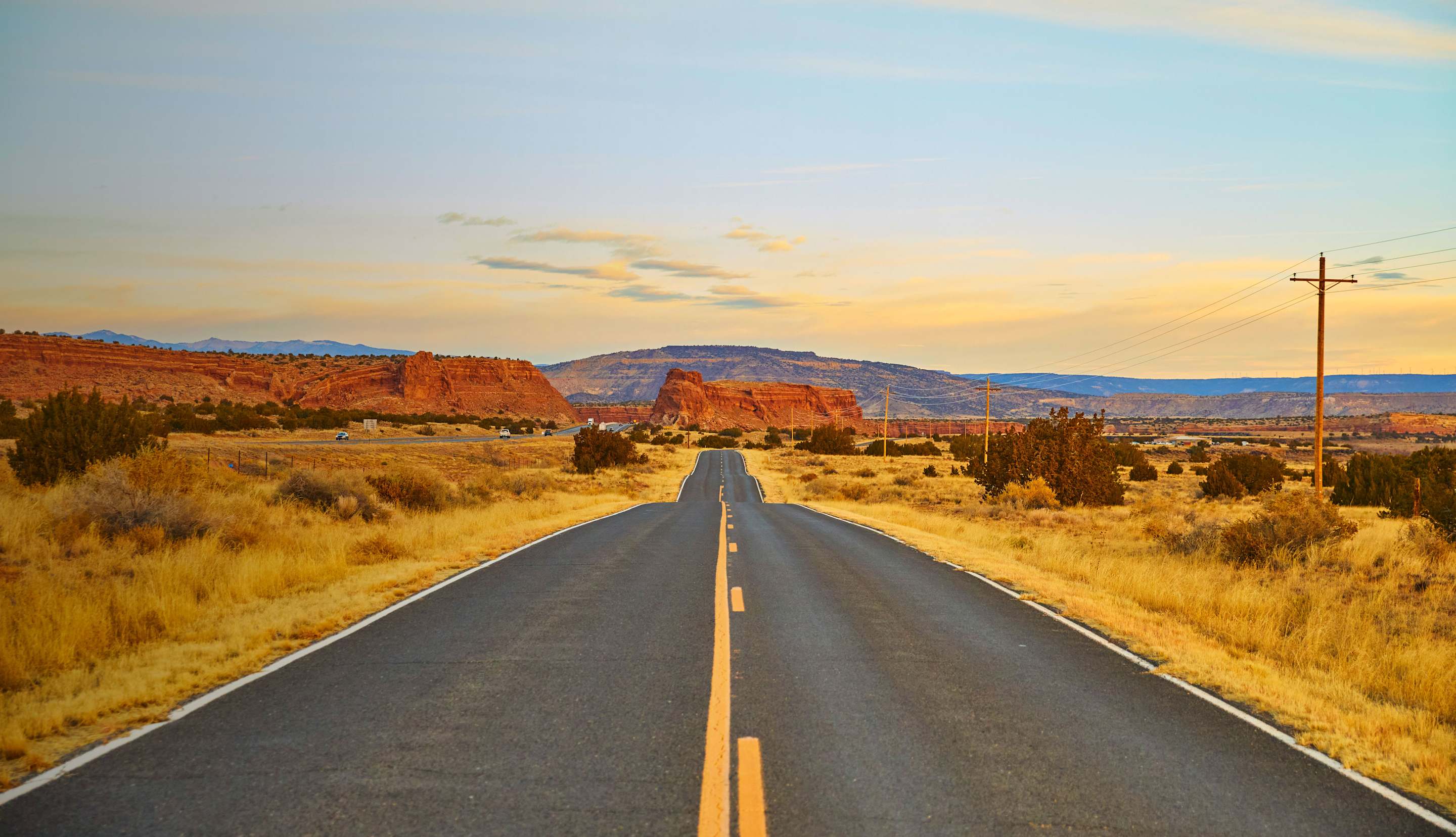 Route 66 at sunset in New Mexico.