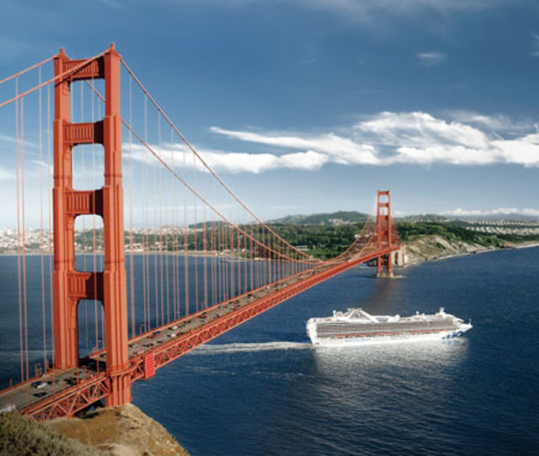 princess cruise ship sailing under golden gate bridge