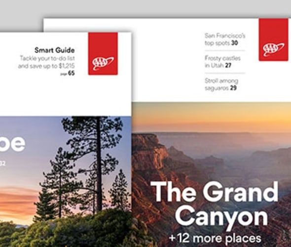AAA Via magazine covers featuring lake tahoe and the grand canyon