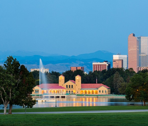 city skyline of denver, colorado with fountain, Boathouse and Ferril Lake