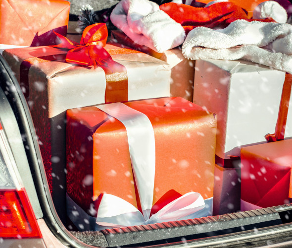 gifts piled in the trunk of a car