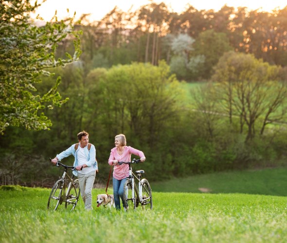 Couple with ExpressTerm life insurance through AAA walking bikes through a field