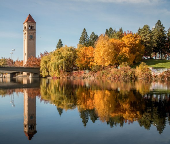 Clock tower along the river in Spokane, Washington.