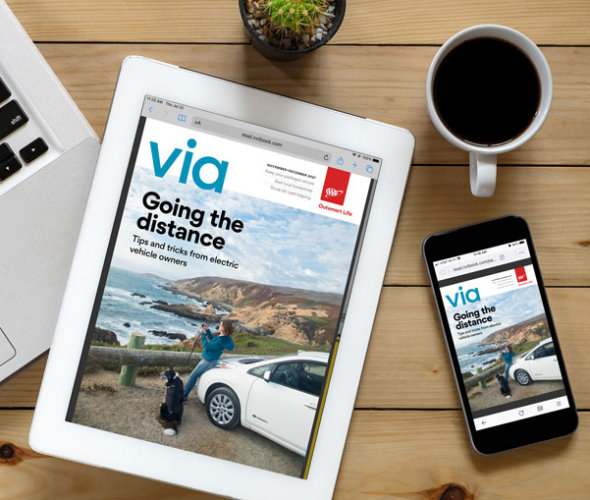 Via Magazine November December digital magazine cover on a tablet and phone.