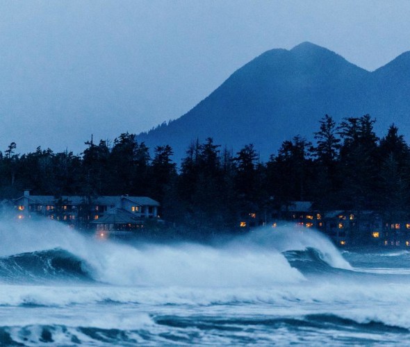 waves crash outside British Columbia's Wickaninnish Inn.