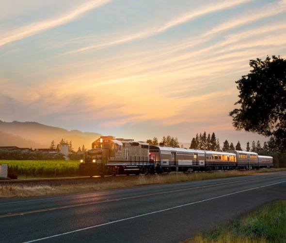 The Wine Train passes the Robert Mondavi Winery's To Kalon vineyard during late afternoon in Oakville, California.