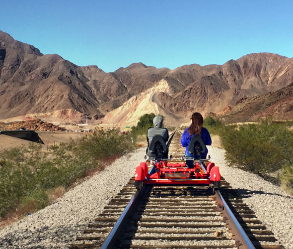 A family rides railbikes in Carson City, Nevada.