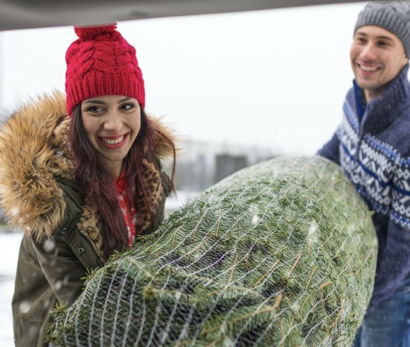 a smiling couple puts their Christmas tree into their hatchback vehicle with snow blowing outside