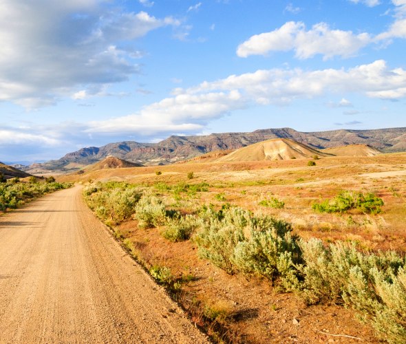 gravel road winds gently through John Day Fossil Beds National Monument, Eastern Oregon.