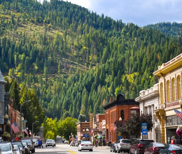 Wallace, Idaho's main street with turn-of-the-century brick buildings in the historic mining town of Wallace, Idaho, in the Silver Valley area of Northwest USA