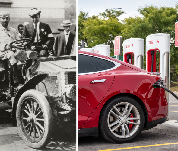 Historic image of August Post in an old car on the left and a Tesla EV charging on the right.