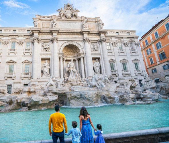 family at trevi fountain on a royal caribbean europe cruise