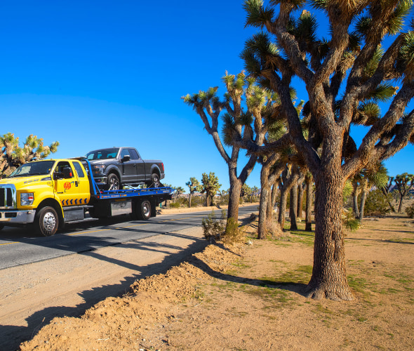 A AAA tow truck drives through Joshua Tree with a pickup on the back.
