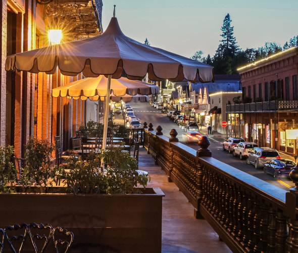 Outside the National Exchange Hotel in Nevada City, California at dusk.