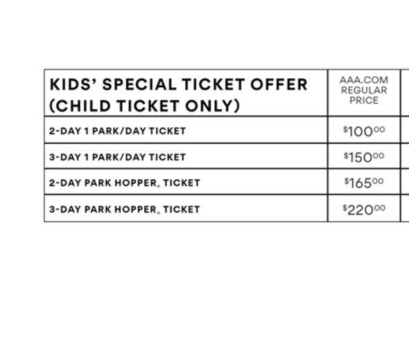 kids' special offer ticket pricing chart
