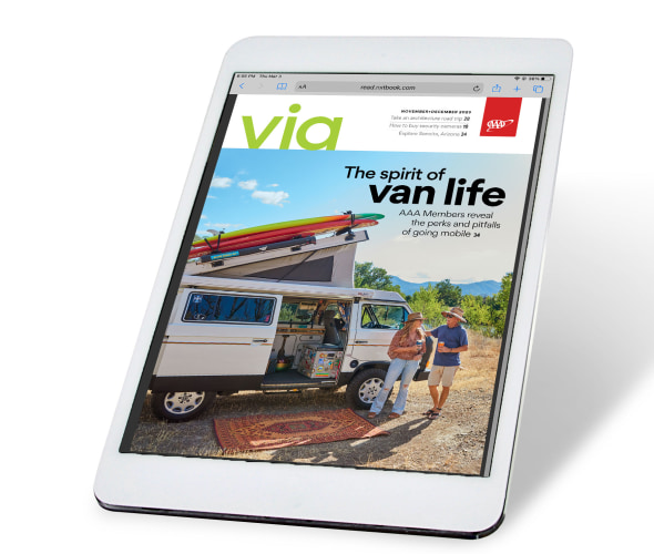 Via Magazine November December 2023 digital magazine cover on a tablet.