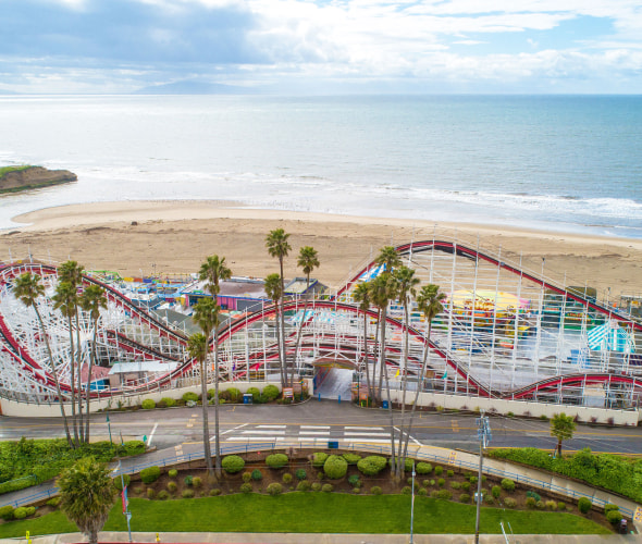 Aerial view of the Giant Dipper coaster at the Santa Cruz Beach Boardwalk in California.