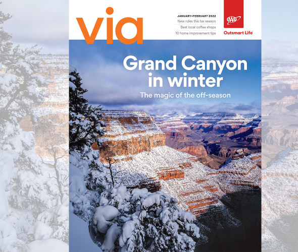 The Grand Canyon covered in snow on the cover of Via magazine January February 2022 image.