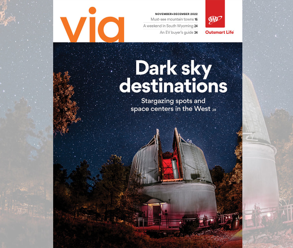 Stars above Lowell Observatory in Flagstaff, Arizona on the cover of Via magazine November December 2022 issue.