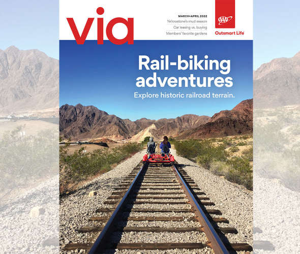 A family rides railbikes in Carson City, Nevada on the cover of Via magazine March April 2022 issue.