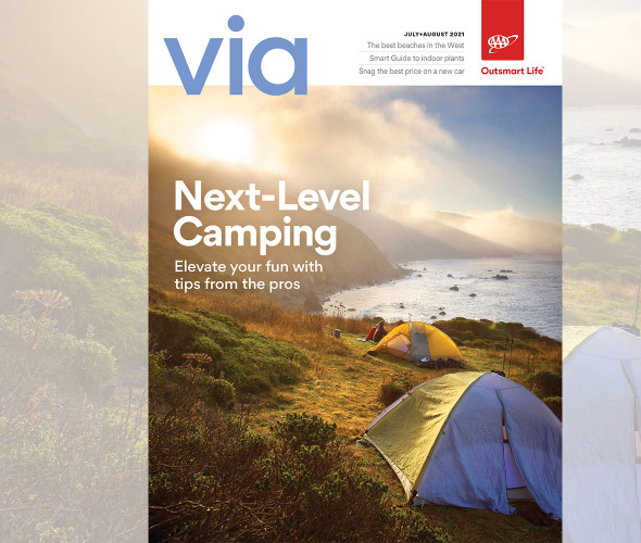 Camping along the coast in California on the cover of Via magazine's July August 2021 issue.