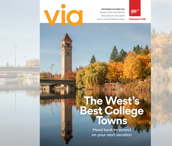 Clock tower along the river in Spokane, Washington on the cover of Via magazine's Septemer October 2021 issue.