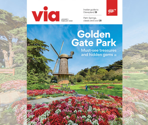View of a windmill in Golden Gate Park, San Francisco, California on the cover of Via magazine's January February 2020 issue.