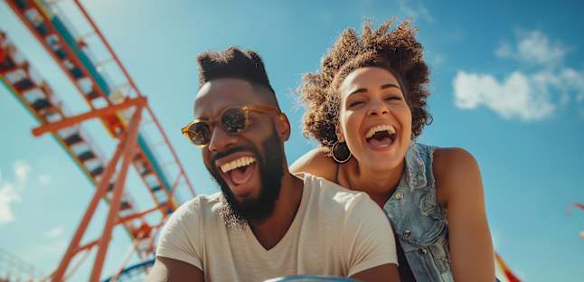 Man and woman riding roller coaster