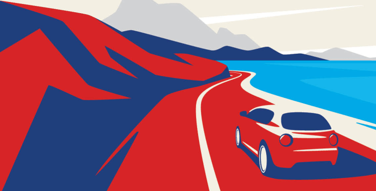 illustration of car driving along road next to water