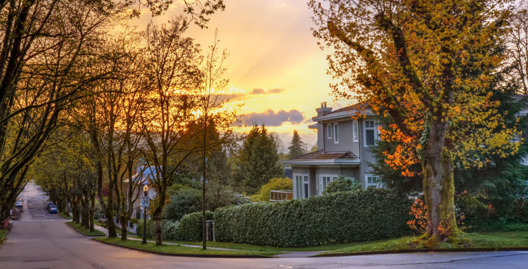 Neighborhood in the fall at sunset