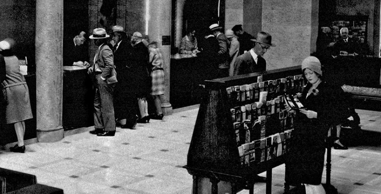 Historical AAA members in the lobby of the old AAA office in San Francisco.