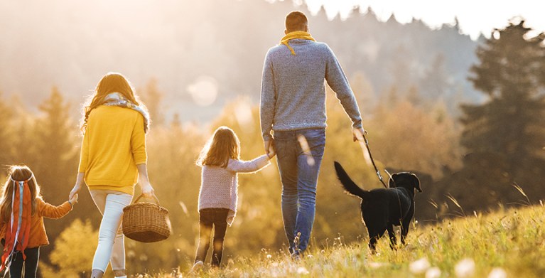 A family with AAA term life insurance walking in a field.