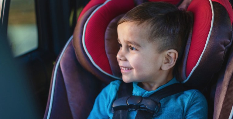 a happy toddler sits in a car seat inspected and installed by a AAA child passenger safety technician
