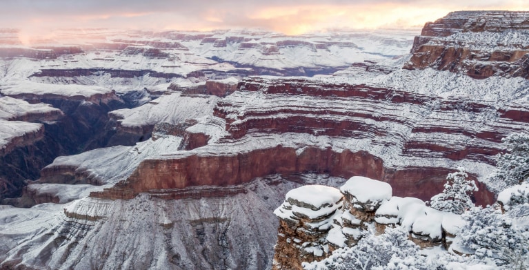 South Rim sunrise panorama with snow from Pima Point at Grand Canyon National Park, Arizona.