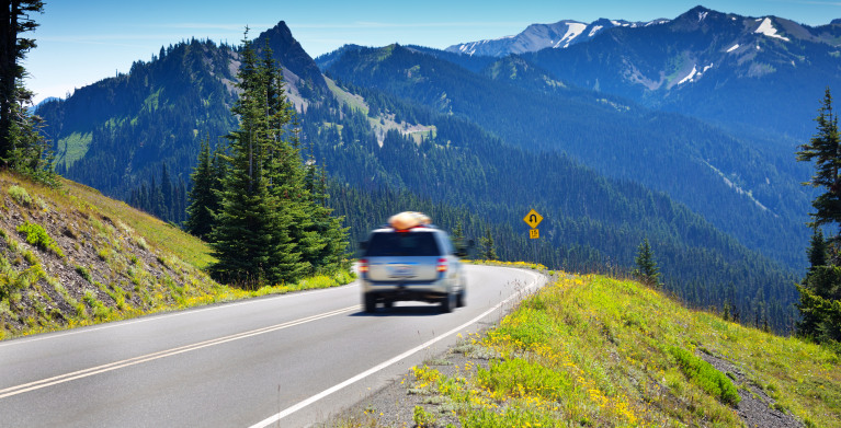 AAA Member walking away from her car on a mountain road.