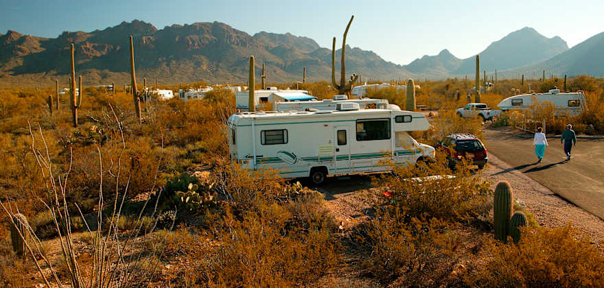 An RV parked at a campsite at Gilbert Ray Campground in Tucson Mountain Park.