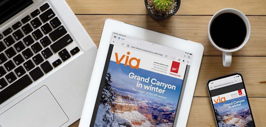 Via Magazine January February digital magazine cover on a tablet and phone.